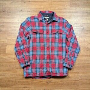 LL Bean Fleece Lined Flannel Shirt Jacket Shacket Men's Small Red Plaid Chore